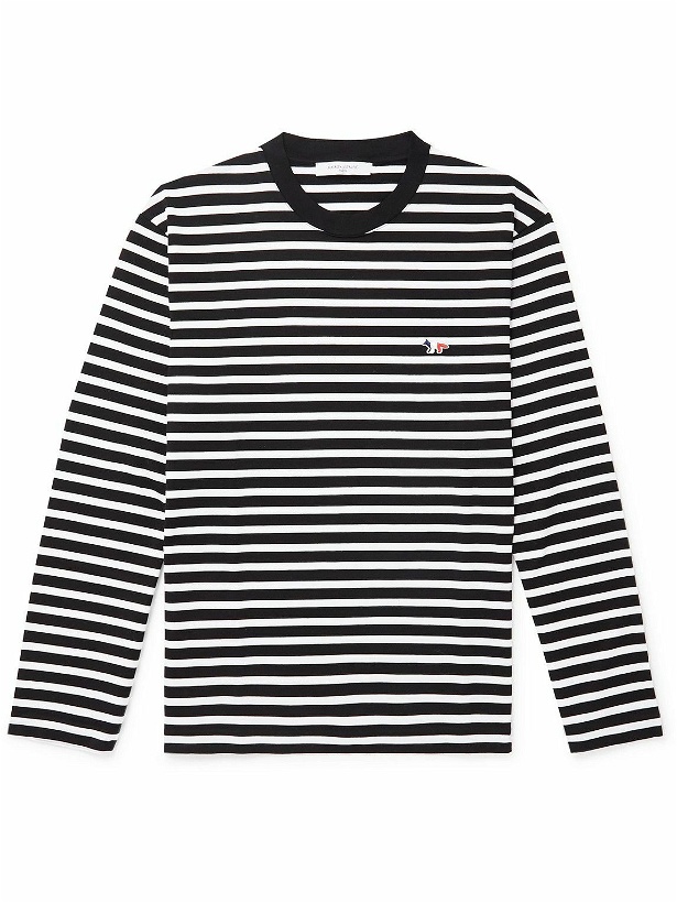 Photo: Maison Kitsuné - Logo-Appliquéd Striped Cotton-Jersey T-Shirt - Black