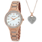 Bulova Quartz Crystal Ladies Watch Box Set with Crystal Accent Heart Pendant