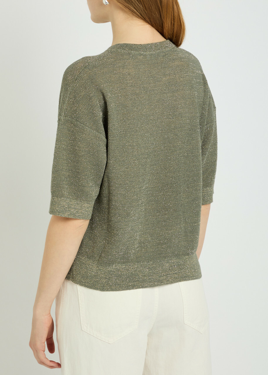 Brunello Cucinelli Metallic Fine-knit Sweater top Khaki