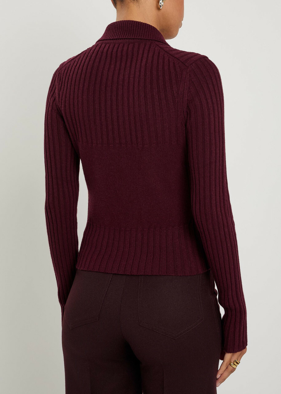 Victoria Beckham Ribbed Wool-blend Cardigan Bordeaux