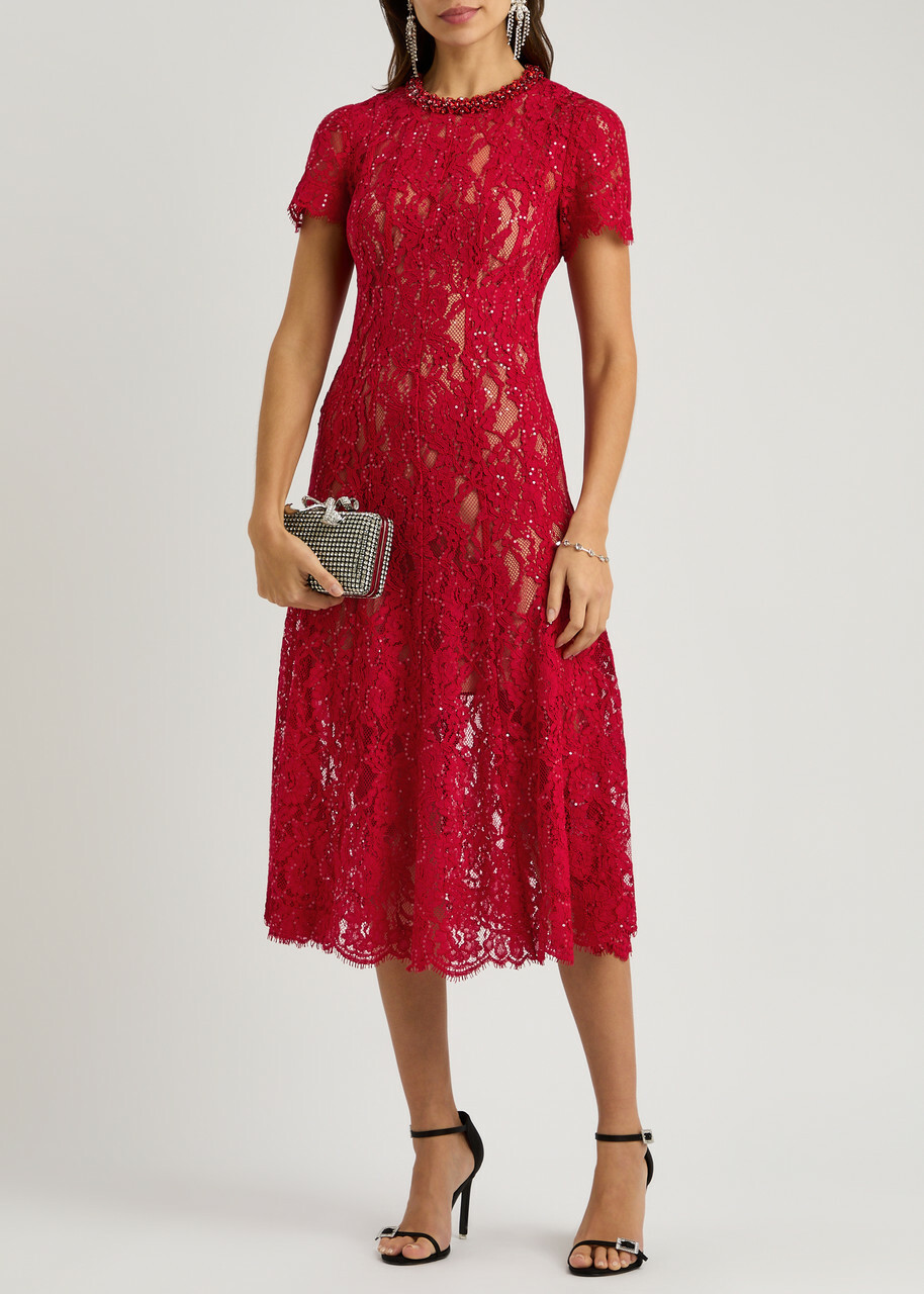 fitted lace wedding dress Marette Red Floral Embellished Midi Dress – Frock and Frill main image 0