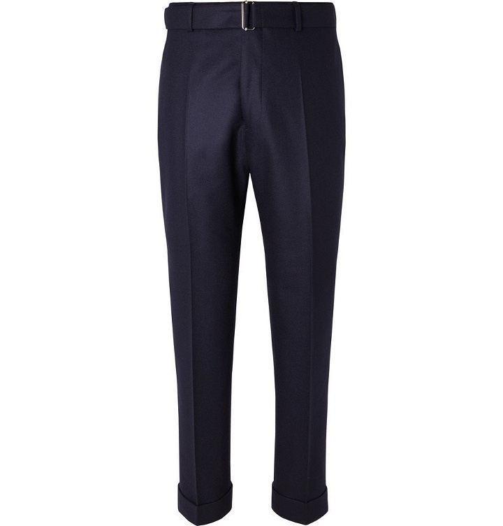 Photo: Officine Generale - Navy Ollie Tapered Cropped Belted Wool-Flannel Trousers - Navy