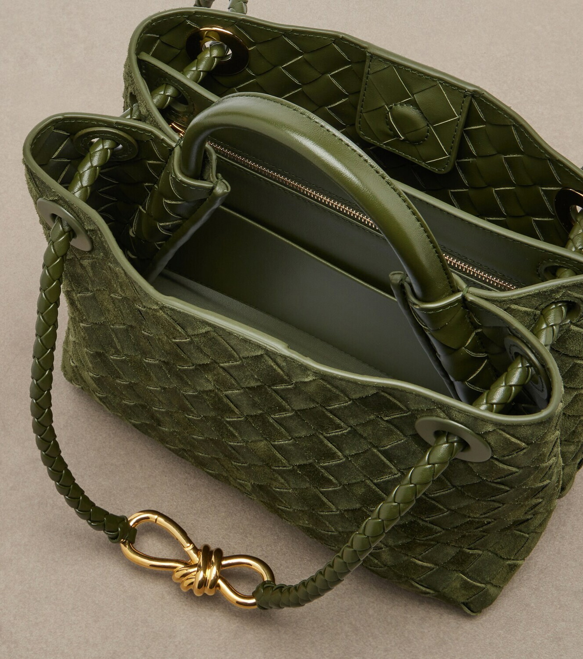 Bottega Veneta Andiamo Intrecciato Small suede top-handle bag