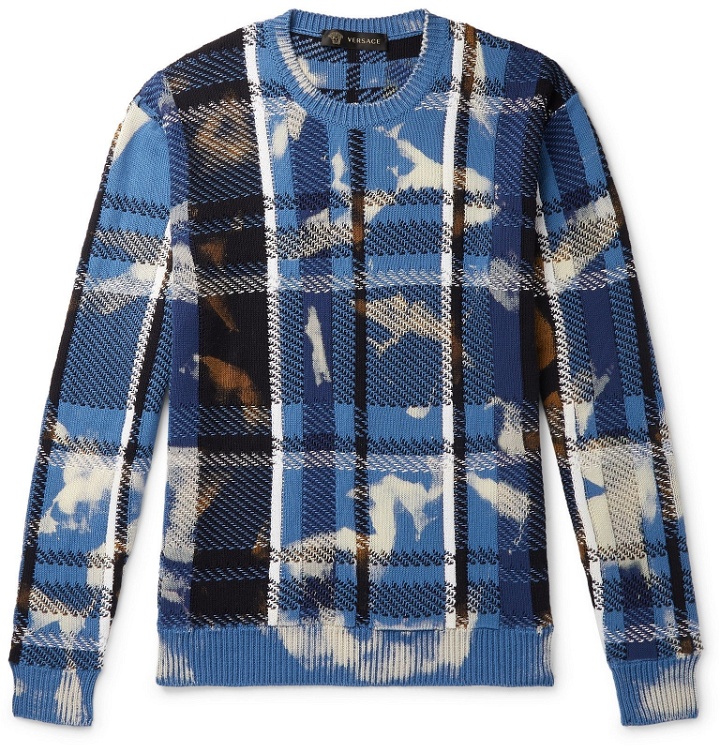 Photo: Versace - Distressed Checked Cotton Sweater - Blue