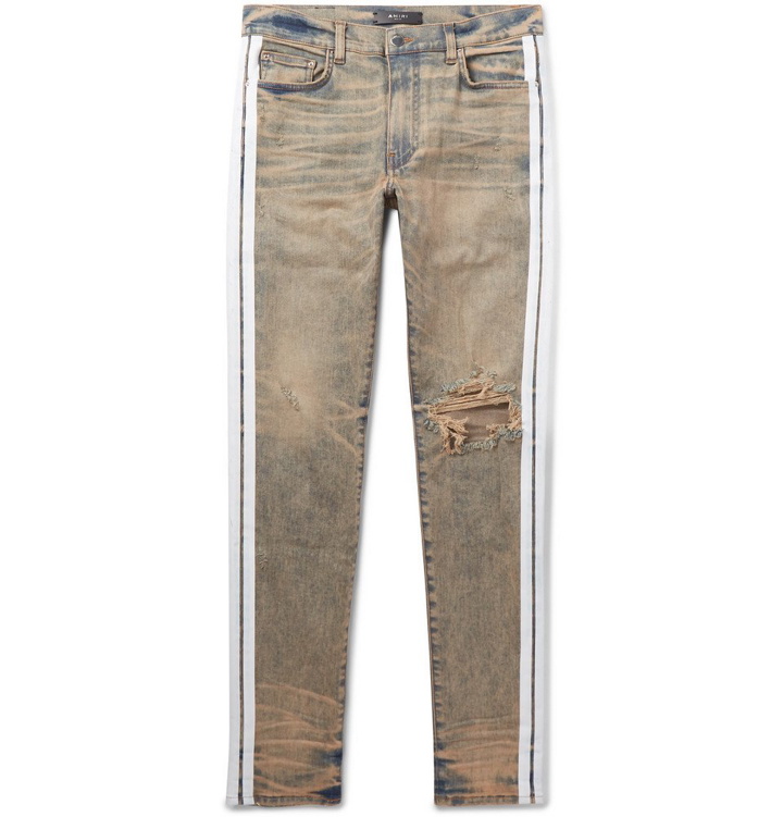 Photo: AMIRI - Track Stack Skinny-Fit Striped Distressed Stretch-Denim Jeans - Men - Blue