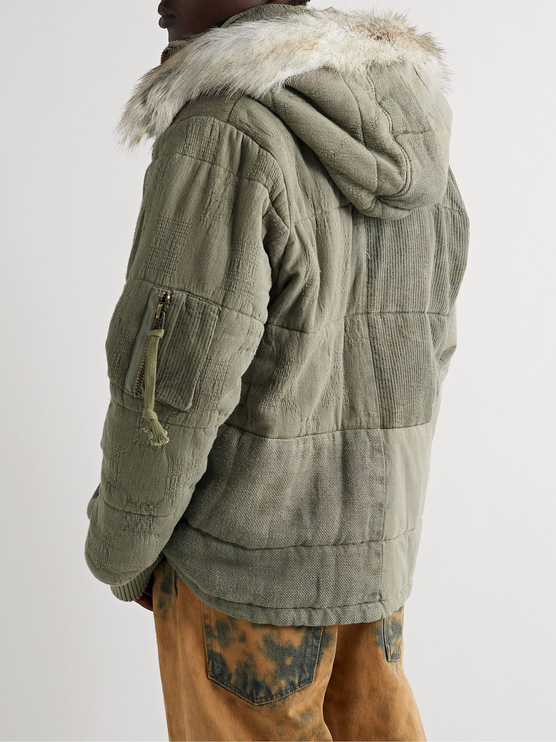 Greg Lauren - Faux Shearling-Trimmed Distressed Panelled Cotton Hooded  Jacket - Green Greg Lauren