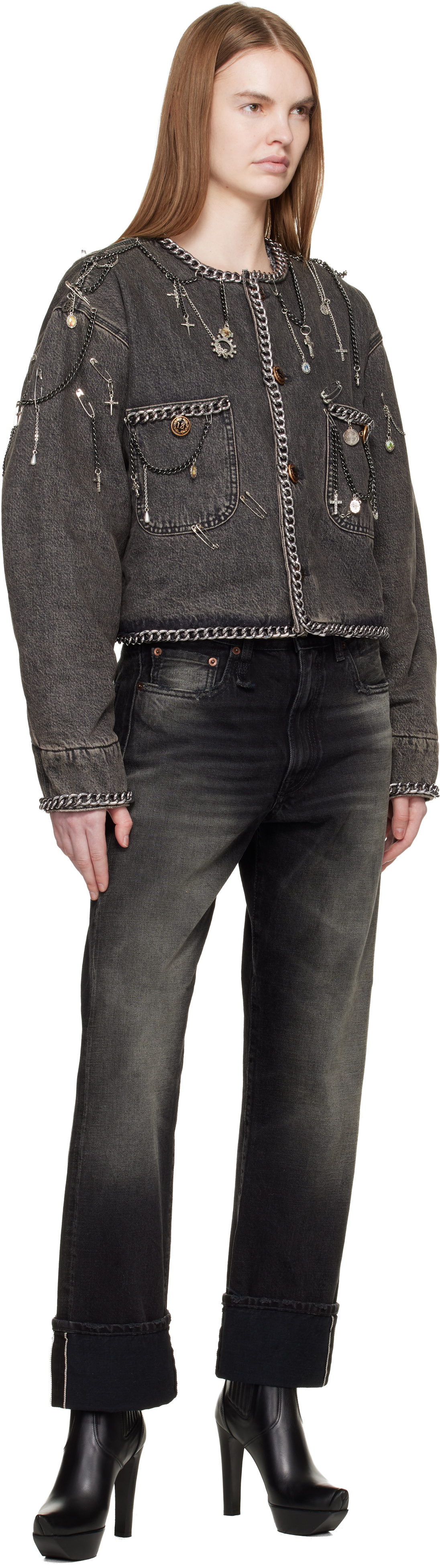 R13 Gray Chain Embellished Cropped Denim Chore Jacket