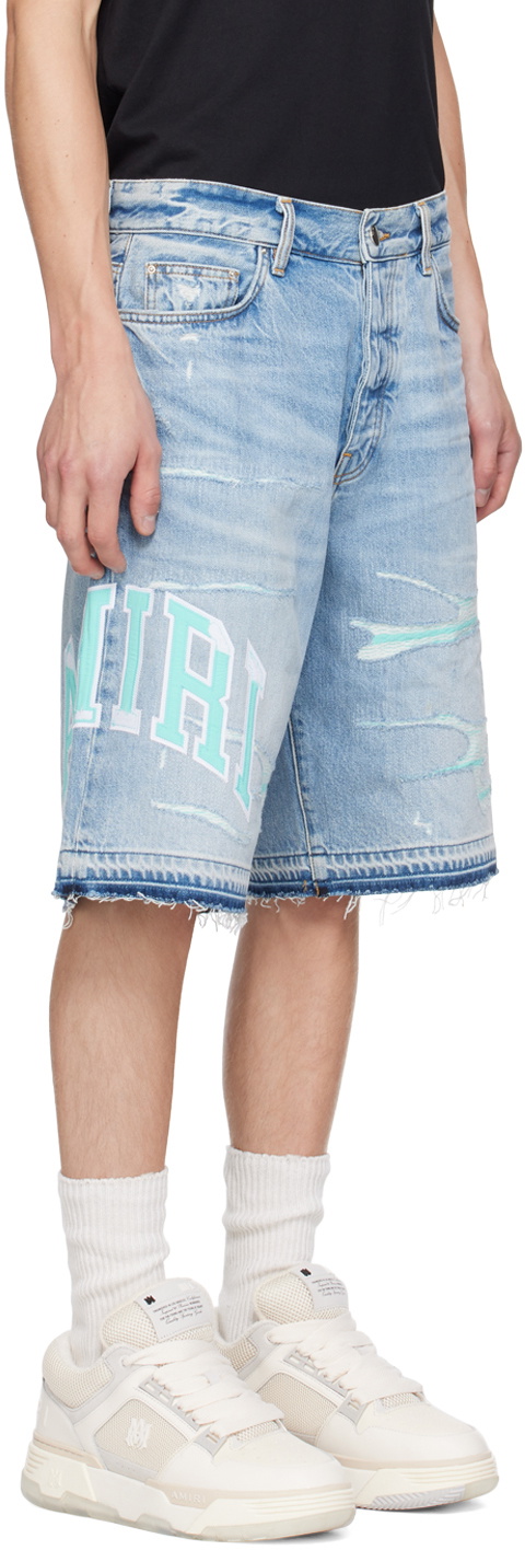 AMIRI Blue Embroidered Varsity Logo Repair Denim Shorts Amiri
