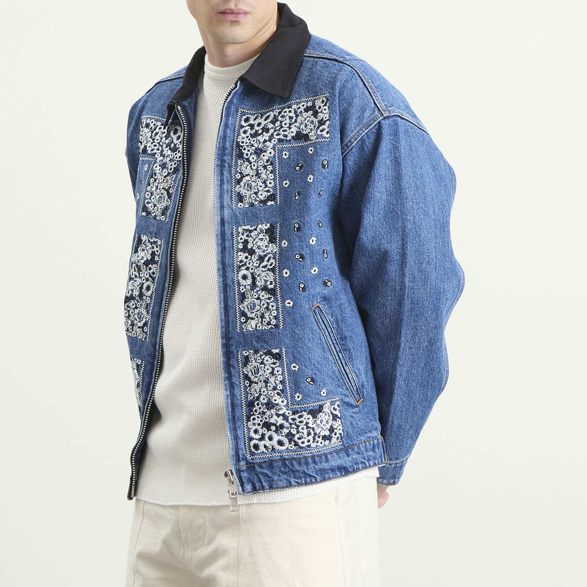 NOMARHYTHM TEXTILE Men's Bandana Embroidery Denim Jacket in Indigo/White