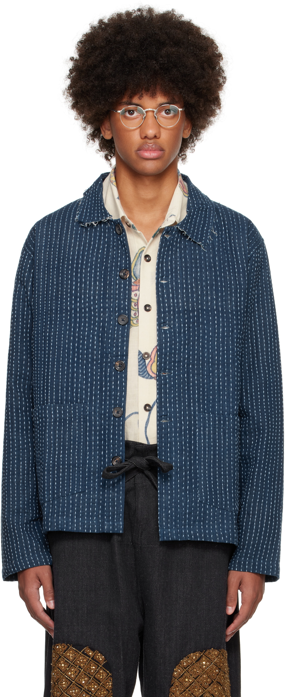 Kartik Research Blue Kantha Cropped Jacket Kartik Research