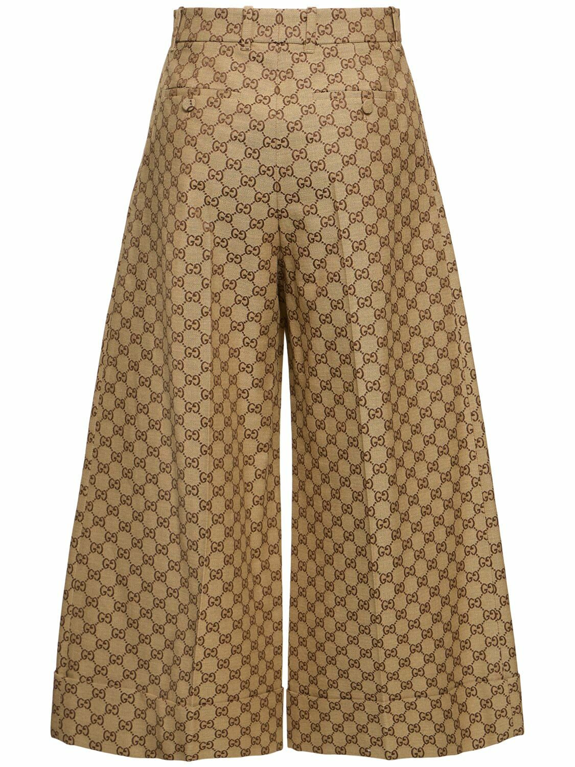 【関税&送料込】Gucci Flare Trousers In Gg Canvas Brown Aria Flared Monogrammed Linen-Blend Suit Trousers
