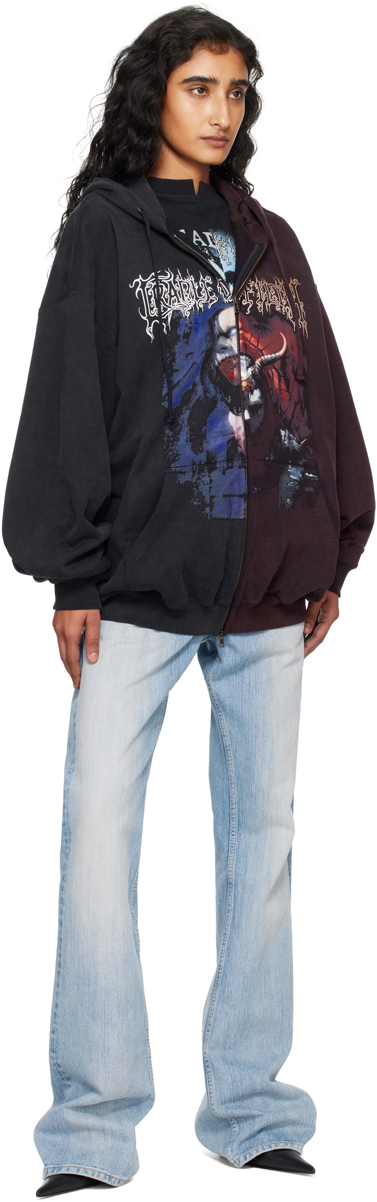 VETEMENTS Black & Burgundy Cradle of Filth Cut-Up Oversized Zip-Up Hoodie