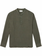 Mr P. - Mandarin-Collar Garment-Dyed Half-Placket Linen Shirt - Green