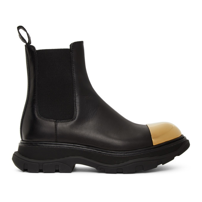 Photo: Alexander McQueen Black and Gold Shiny Toe Chelsea Boots