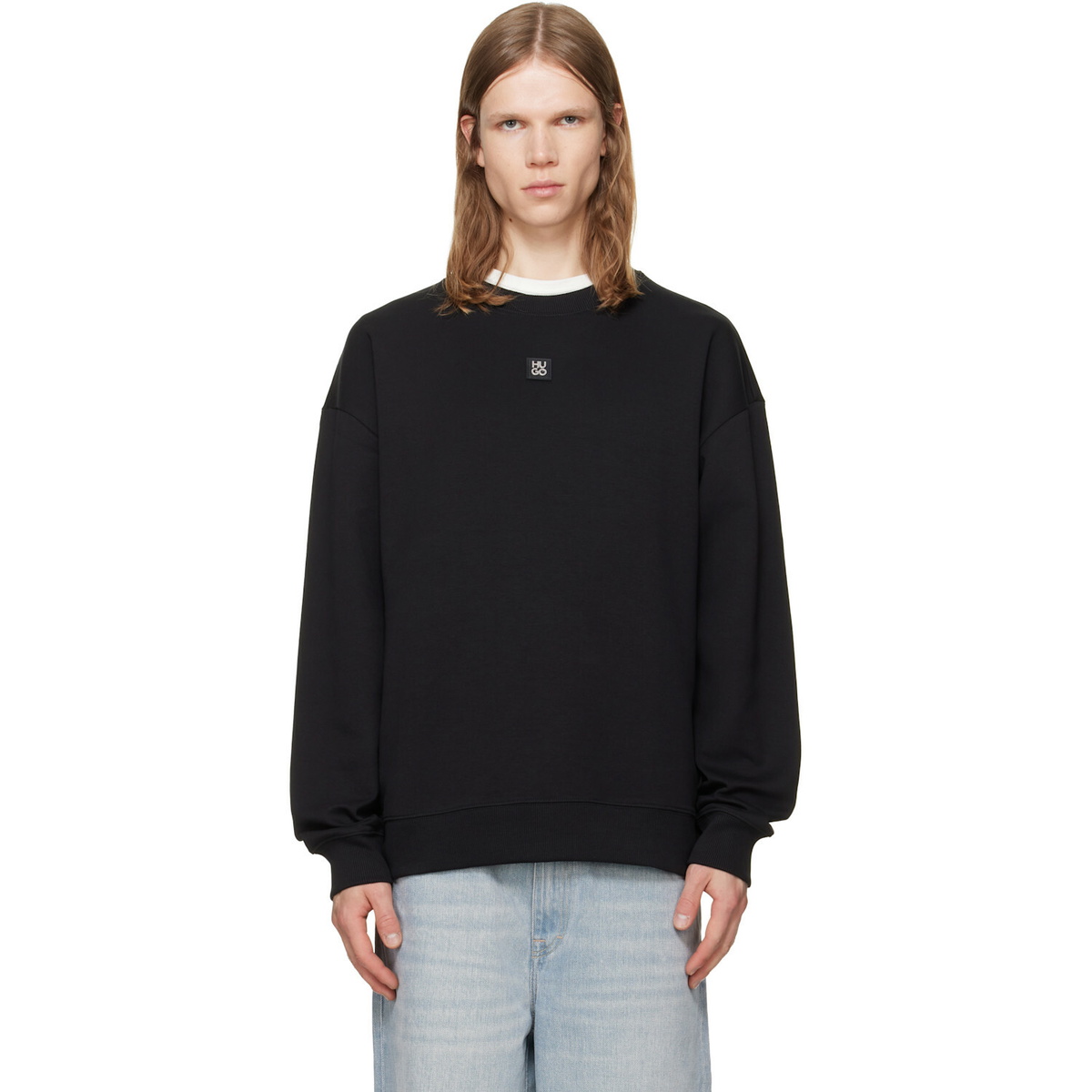 Hugo Black Stacked-Logo Badge Cotton-Blend Sweatshirt