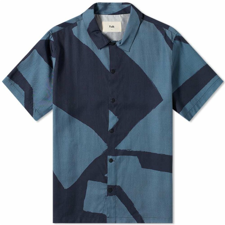 Photo: Folk Men's Short Sleeve All Over Print Shirt in Border Print Navy
