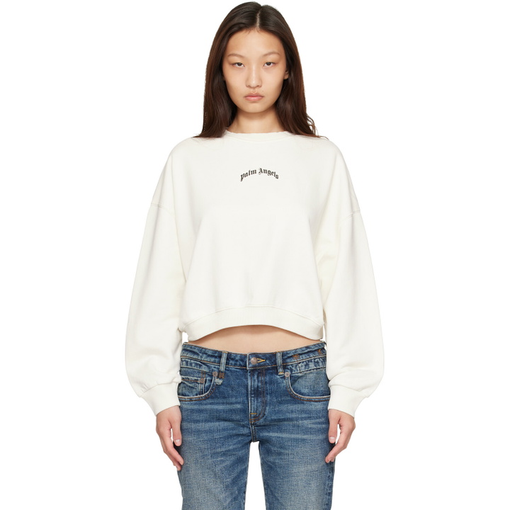 Photo: Palm Angels Off-White Curved Logo Crop Sweatshirt