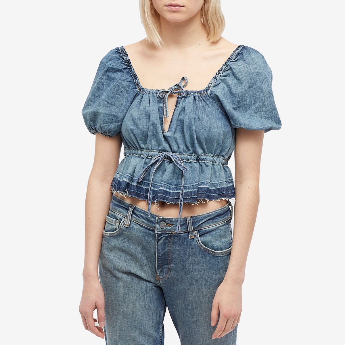GANNI Women's Denim Puff Sleeve Top in Tint Wash GANNI