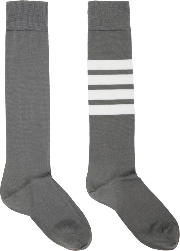 Photo: Thom Browne Gray Lightweight Cotton 4-Bar Over The Calf Socks