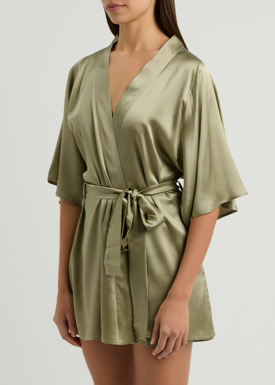 Fleur OF England Arianna Lace and Silk-blend Satin Robe Sage