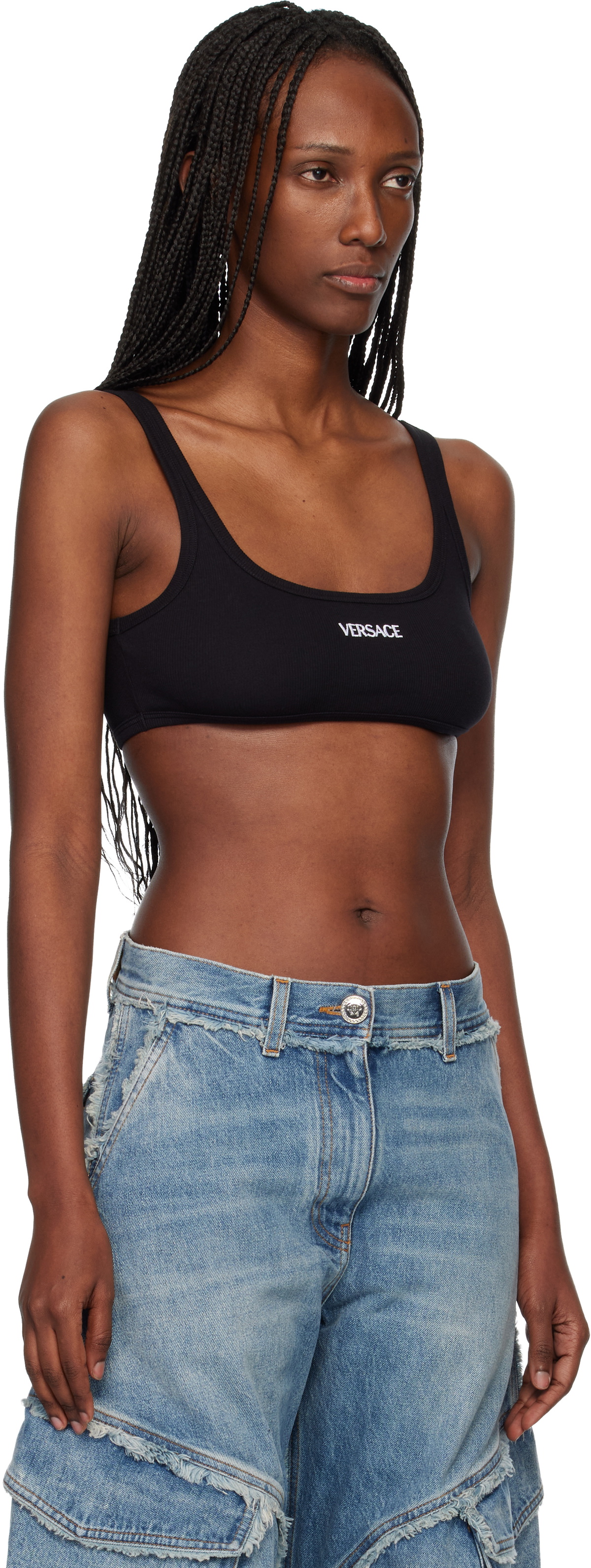 Versace Black Ribbed Cotton Top