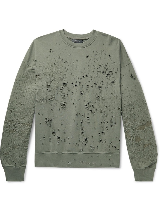 Photo: AMIRI - Shotgun Distressed Loopback Cotton-Jersey Sweatshirt - Green - XS