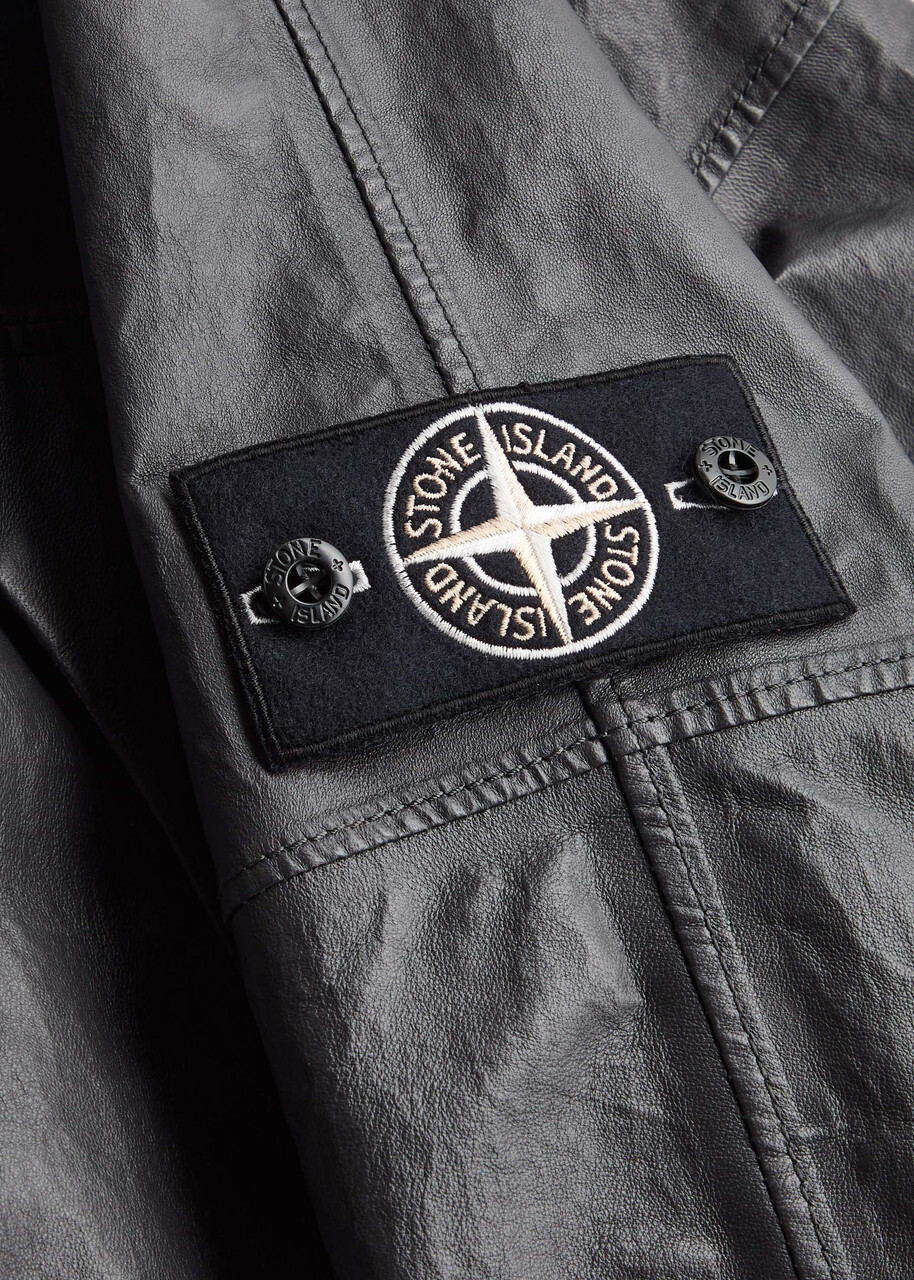Stone Island Logo Panelled Hooded Leather Jacket Charcoal
