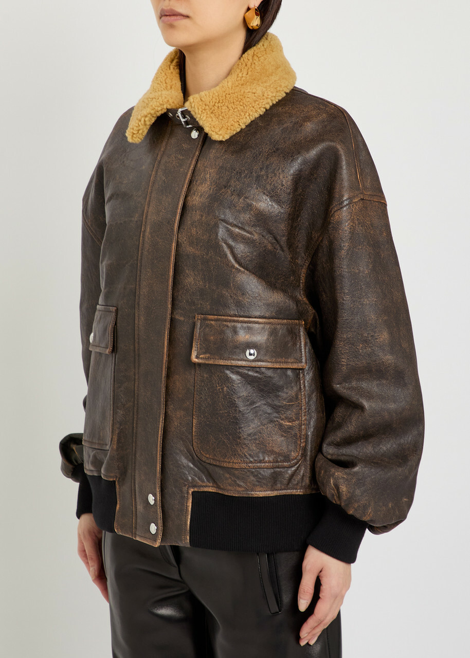 Khaite Sandor Shearling-collar Leather Jacket Dark Brown