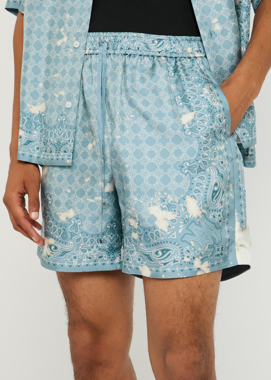 Amiri Bleach Bandana Logo-monogrammed Silk-satin Shorts Blue Amiri