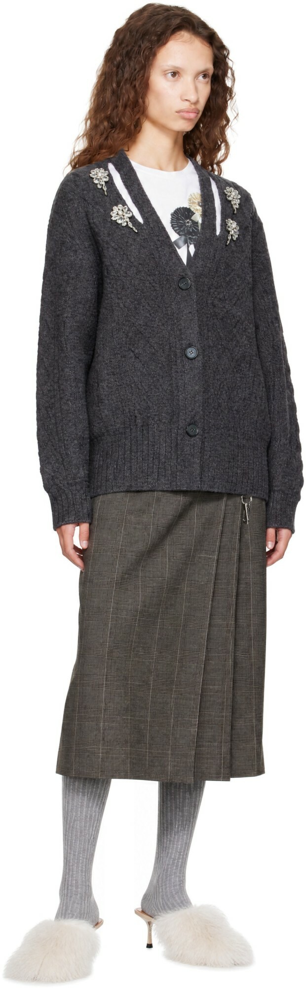Simone Rocha Gray Embellished Cable Knit Slash Cardigan