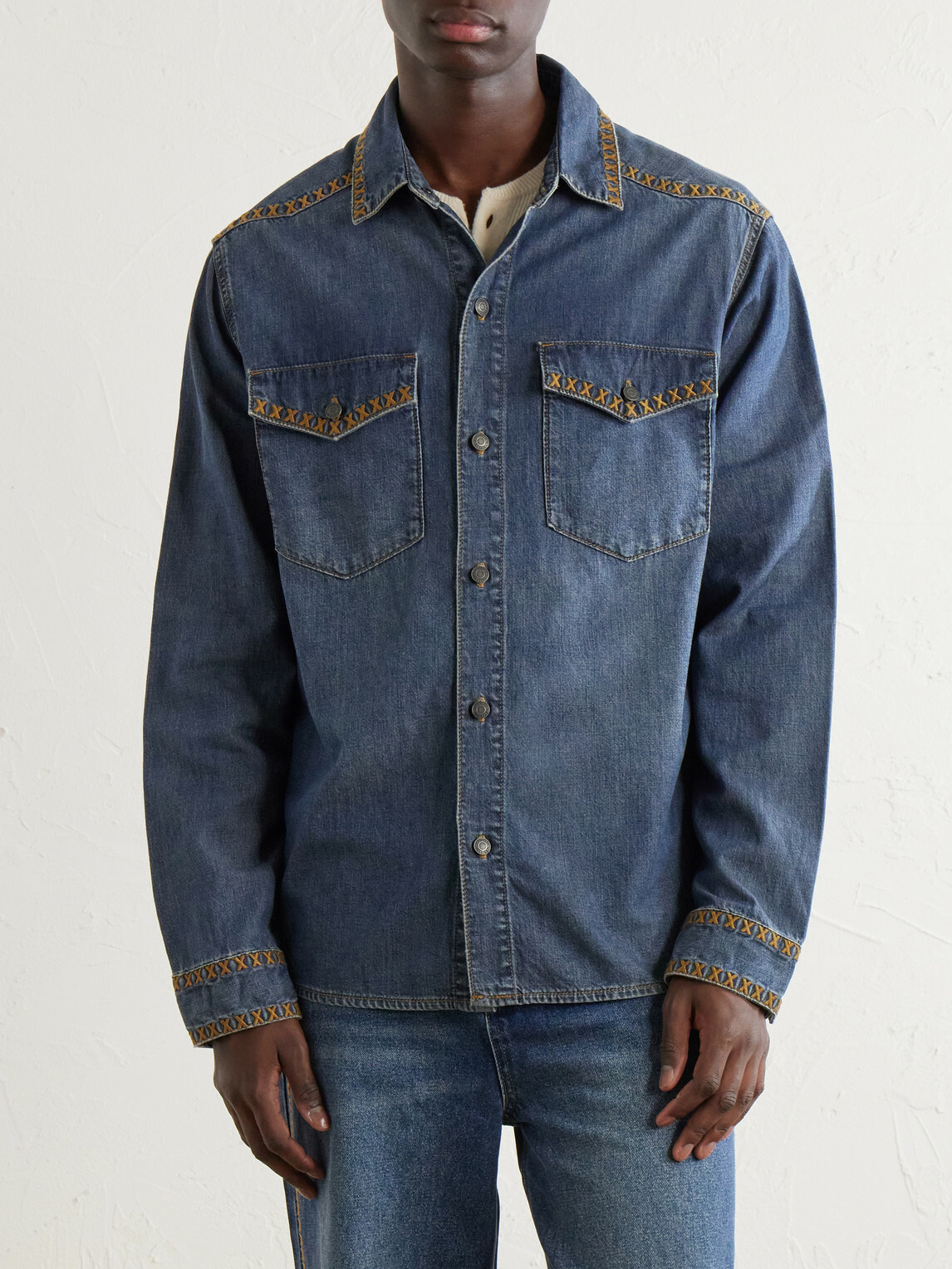 MANAAKI - Tukutuku Embroidered Denim Shirt - Blue