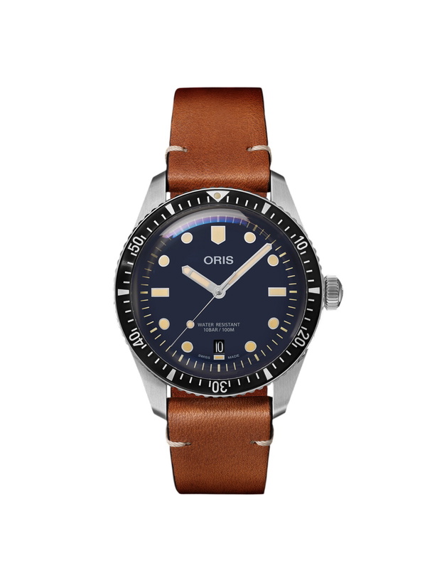 Photo: Oris - Divers Sixty-Five Date Automatic 40mm Stainless Steel and Leather Watch, Ref. No. 01 733 7707 4055-07 5 20 45