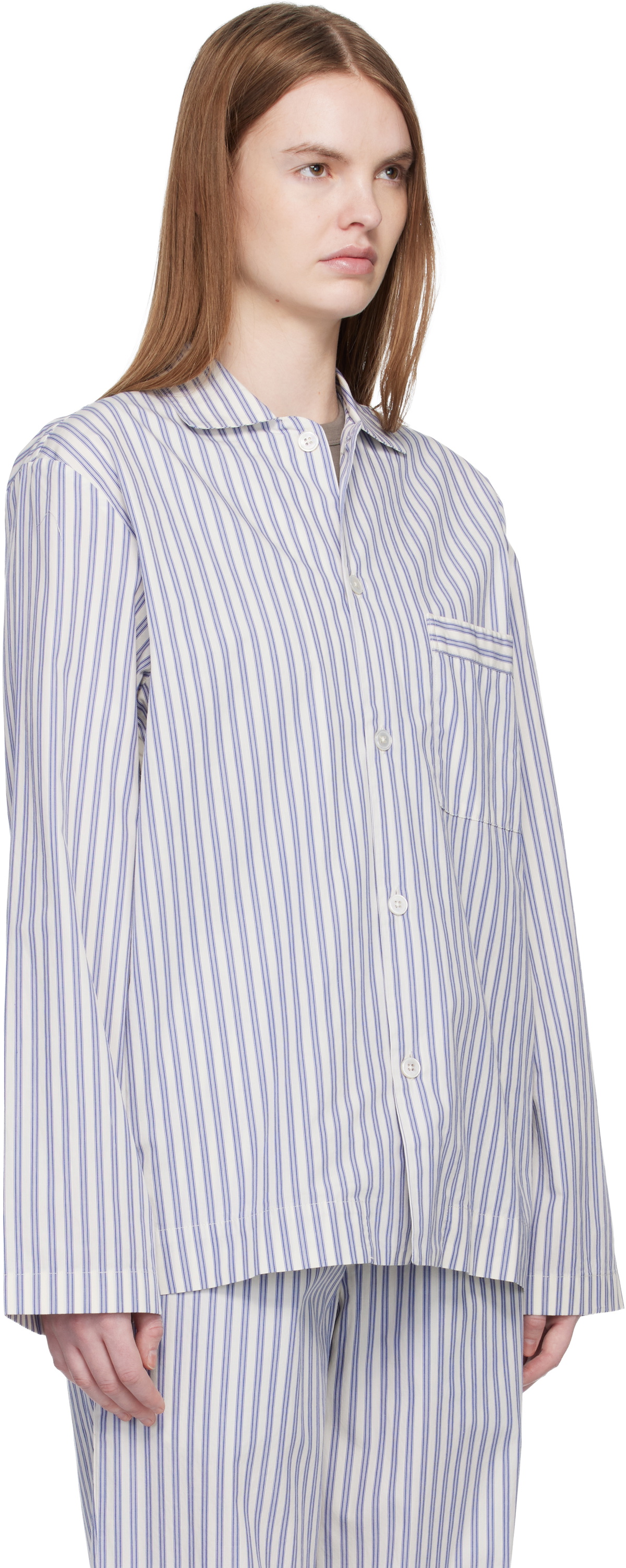 Tekla White & Blue Poplin Long-Sleeved Pyjama Shirt