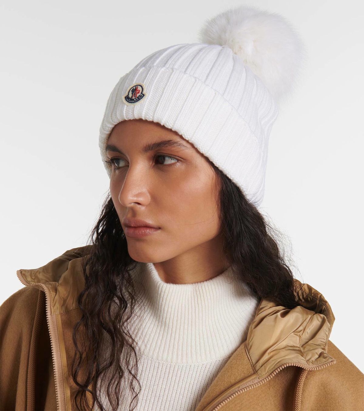 Moncler Wool Beanie with Faux Fur Pom Pom Moncler Ribbed Beanie with Faux Fur Pom - Bergdorf Goodman main image 2