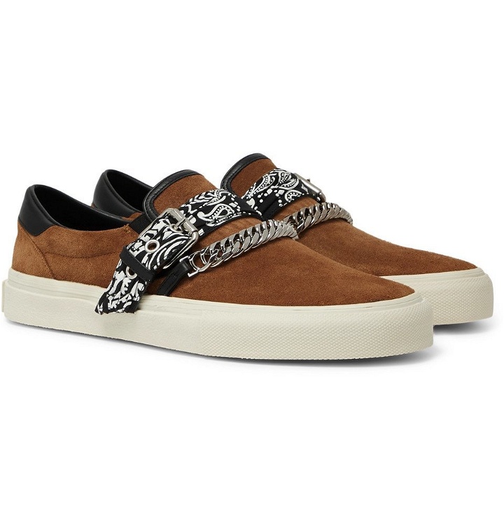 Photo: AMIRI - Embellished Leather-Trimmed Suede Slip-On Sneakers - Tan