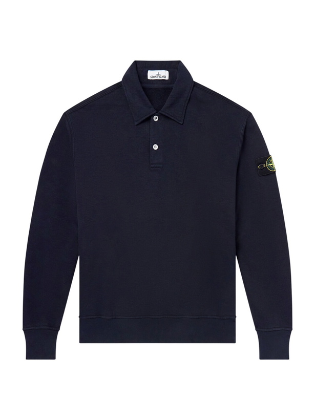 Photo: Stone Island - Garment-Dyed Tubular Cotton-Fleece Polo Sweater - Blue
