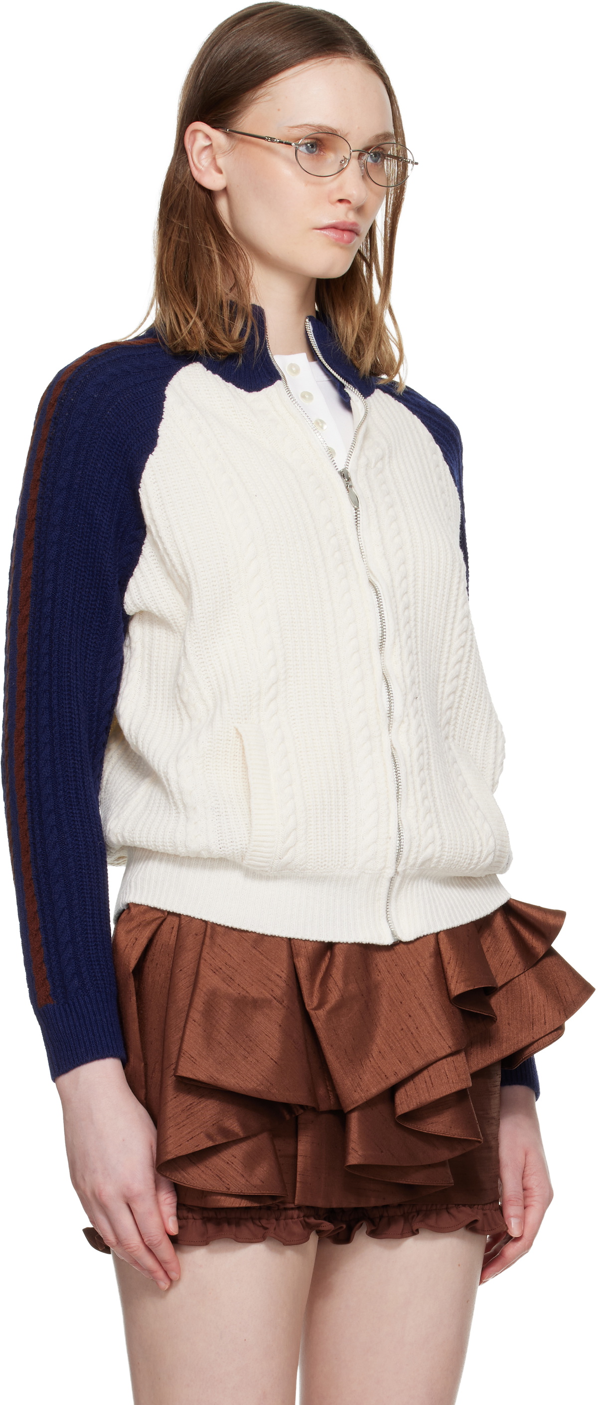 SHUSHU/TONG Off-White & Navy Color-Block Raglan Sleeve Knit Cardigan