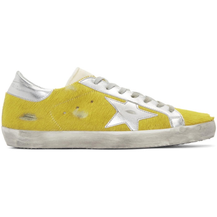 Photo: Golden Goose Yellow and Silver Calf Hair Superstar Sneakers 
