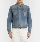 Saint Laurent - Slim-Fit Bandana-Trimmed Distressed Denim Jacket - Blue