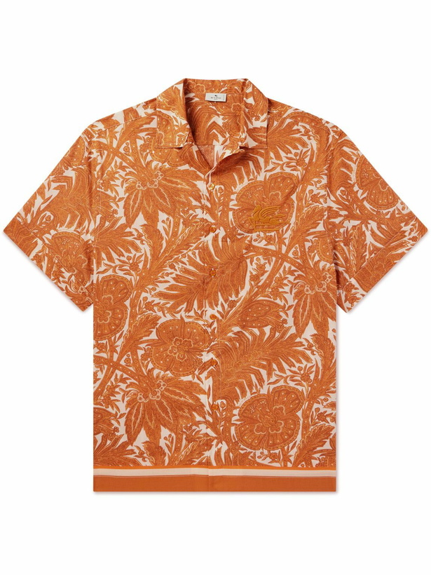 Photo: Etro - Convertible-Collar Logo-Embroidered Printed Cotton-Voile Shirt - Orange