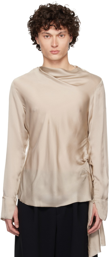 Photo: AARON ESH Taupe Draped Neck Long Sleeve Silk Blouse