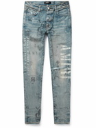 AMIRI - Military Stencil Skinny-Fit Logo-Print Distressed Jeans - Blue