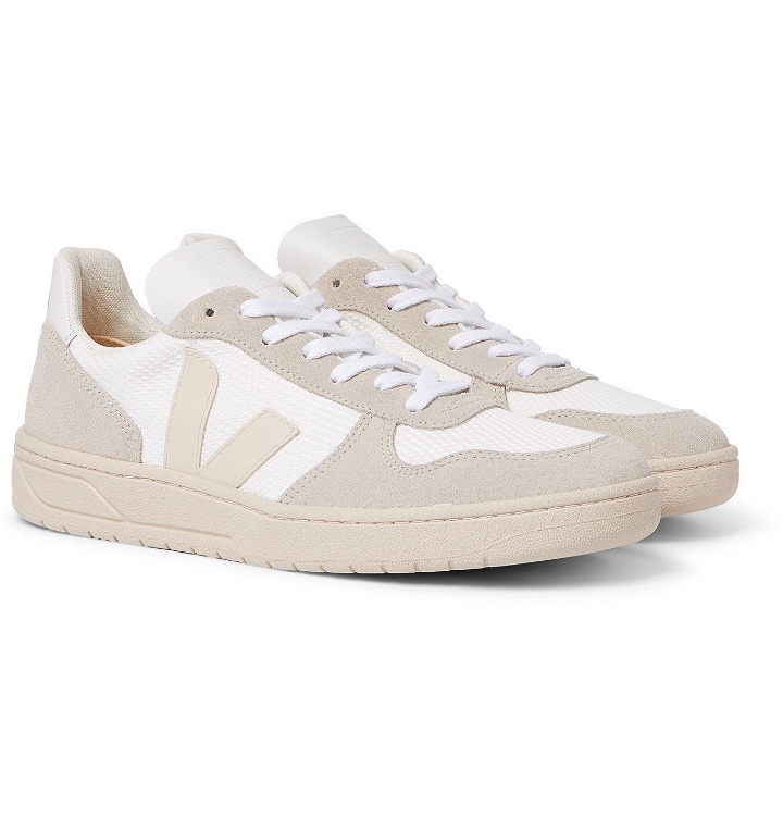Photo: Veja - V-10 Leather-Trimmed Mesh and Suede Sneakers - White