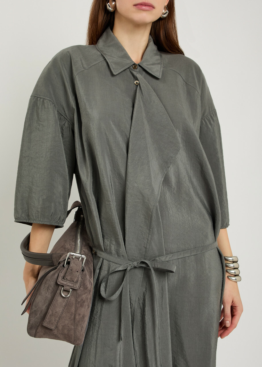 Lemaire Belted Brushed Silk-blend Midi Shirt Dress Grey