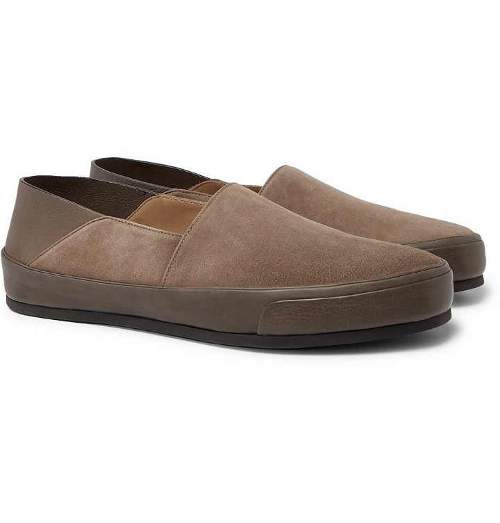 Photo: Brioni - Collapsible-Heel Suede and Textured-Leather Loafers - Men - Taupe