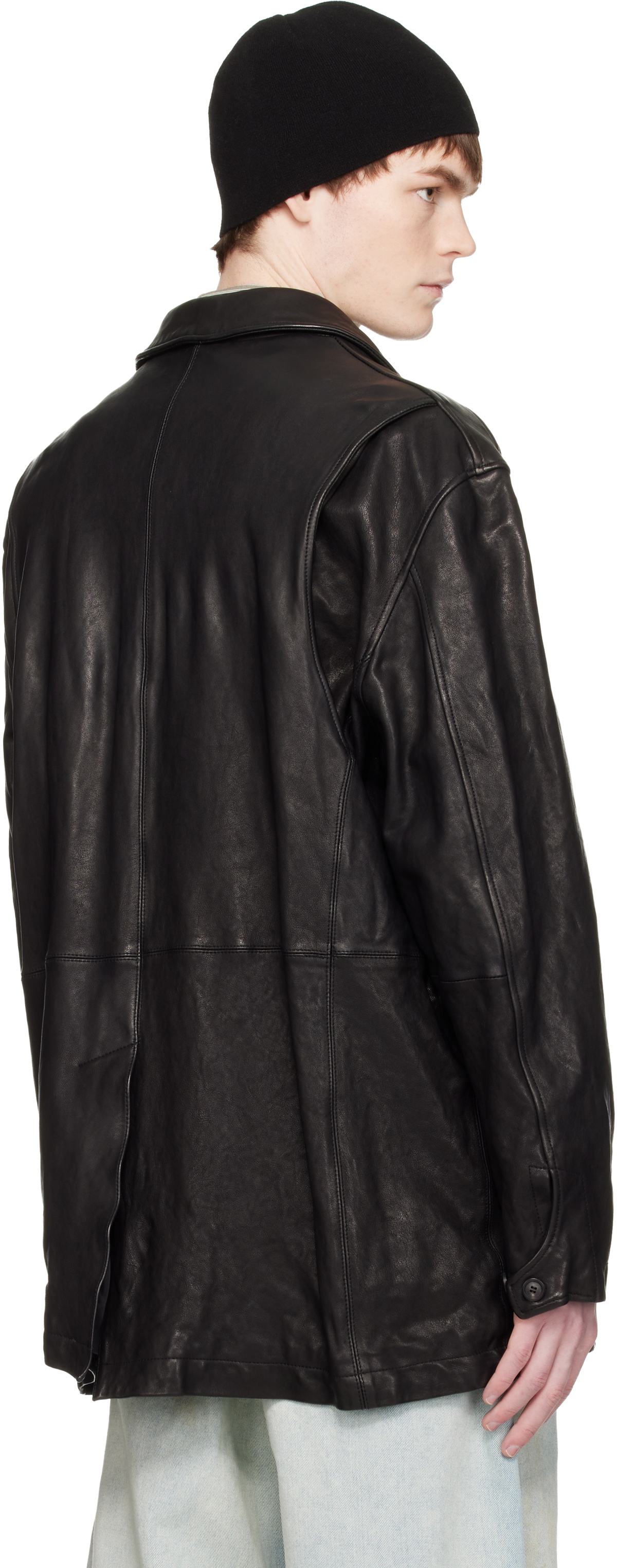 COOR Black Washed Lambskin Leather Car Coat