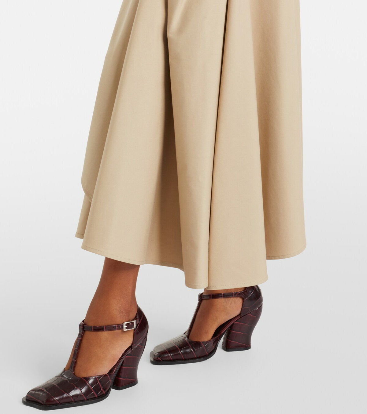 Loewe Leather-trimmed draped cotton and silk midi skirt