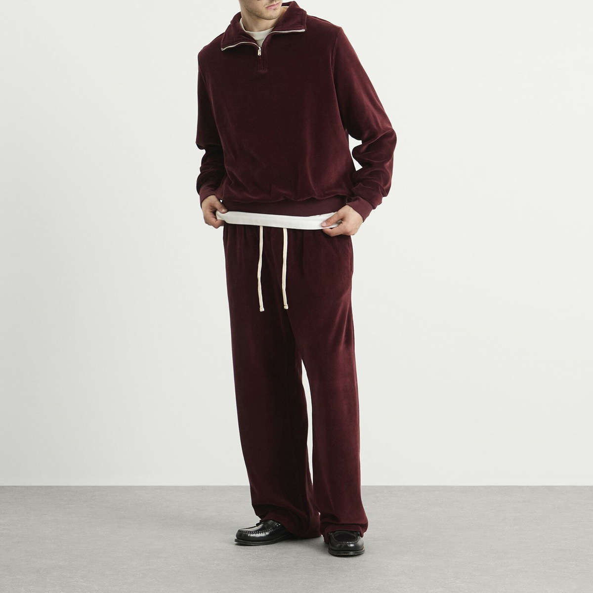 Les Tien Men's Velour Branded Half Zip Yacht Pullover in Washed Red Mahogany