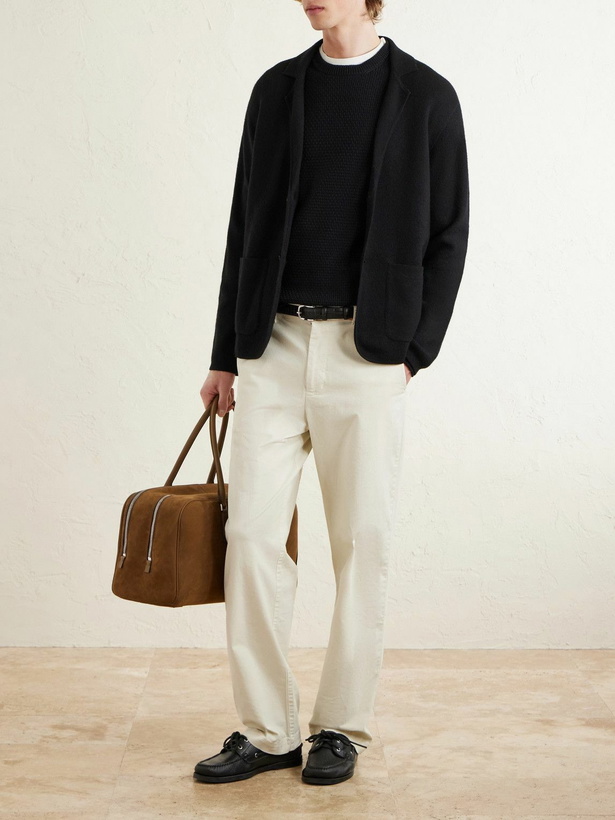 Photo: Inis Meáin - Caoladóir Basketweave Textured Cotton and Cashmere-Blend Sweater - Black