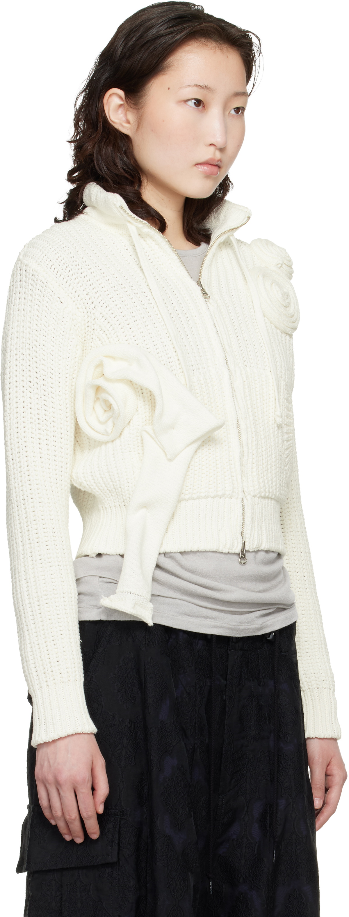OPEN YY Off-White Applique Knit Zipup Sweater